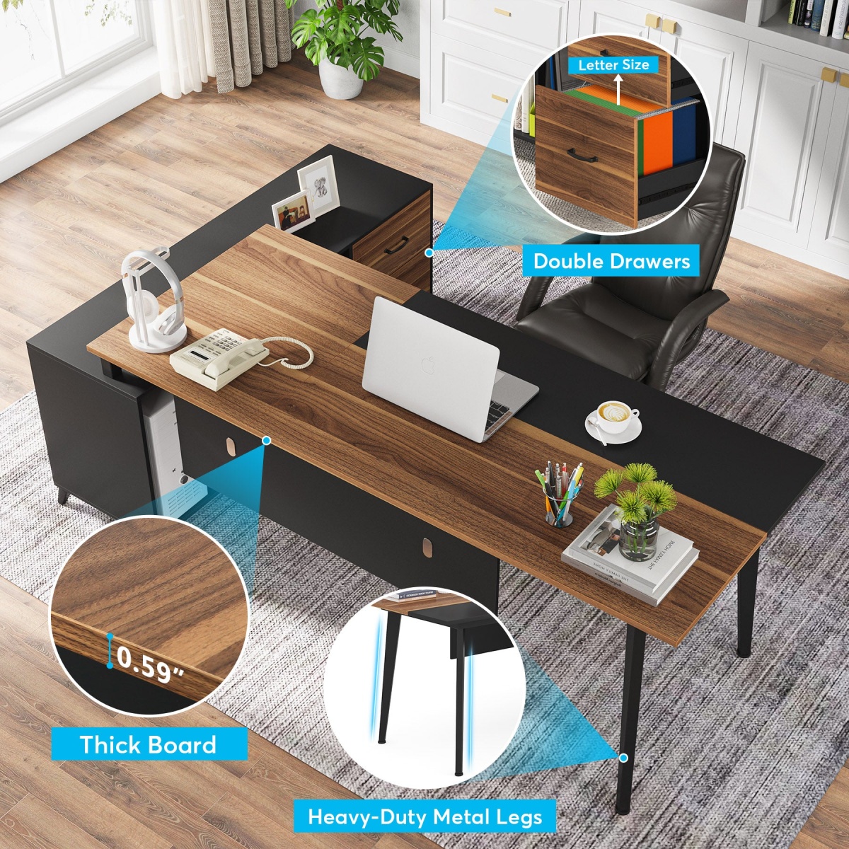 L-Shaped Desk, 70.9?? Office Executive Desk with File Cabinet - Image 7