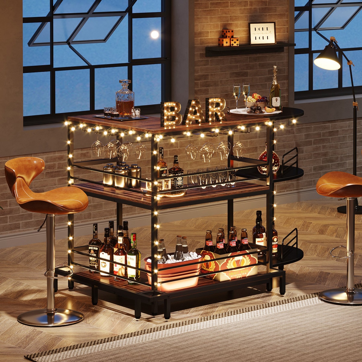 Home Bar Unit, 3-Tier L-Shaped Liquor Bar Table with Glass Holders - Image 5