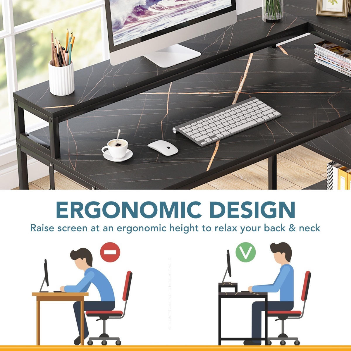 L-Shaped Desk, 53? Reversible Corner Desk with Shelves and Monitor Stand - Image 6
