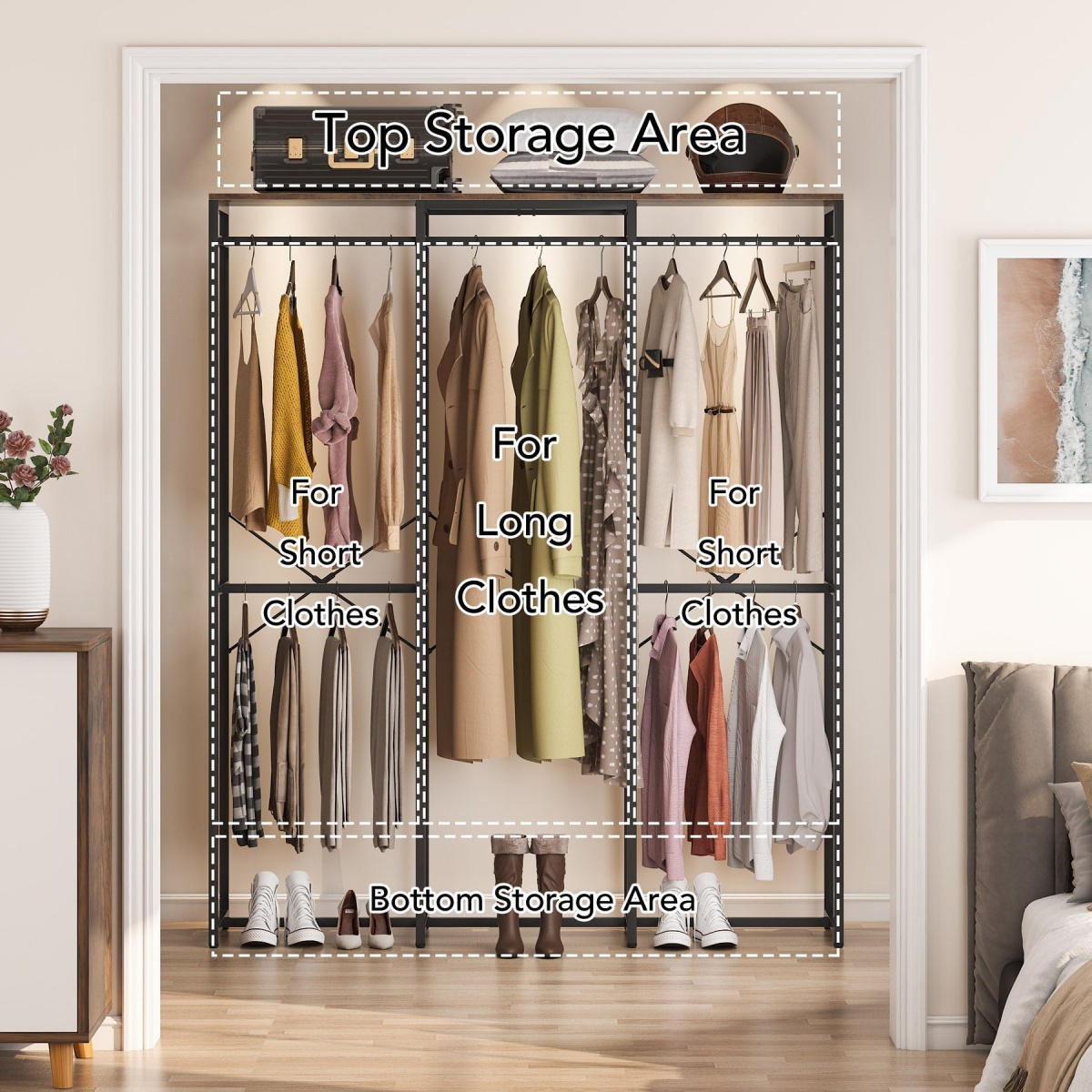 Freestanding Closet Organizer, Garment Rack with Shelves and Hanging Rods - Image 6