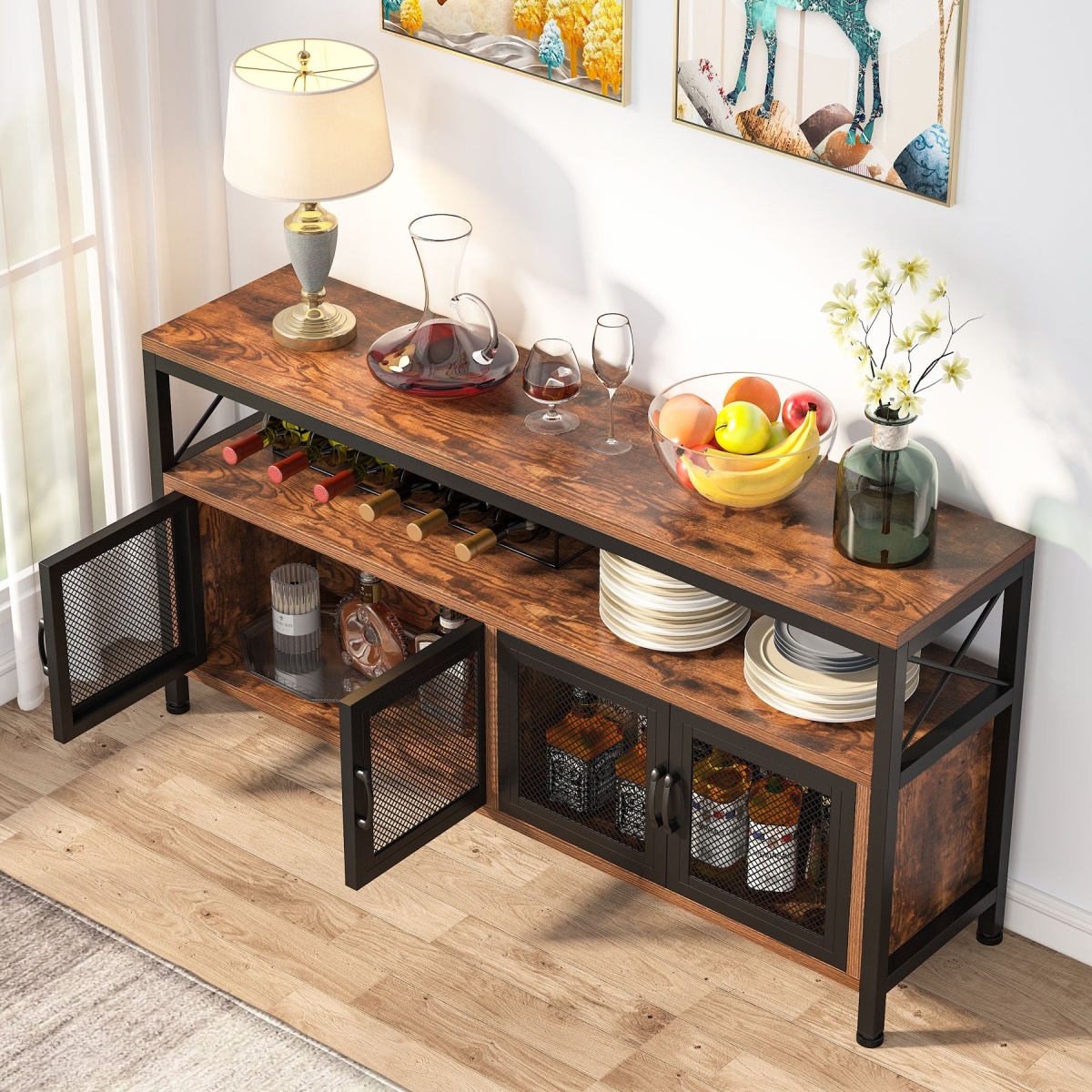 Sideboard Buffet Table Bar Cabinet with 4 Mesh Doors - Image 6