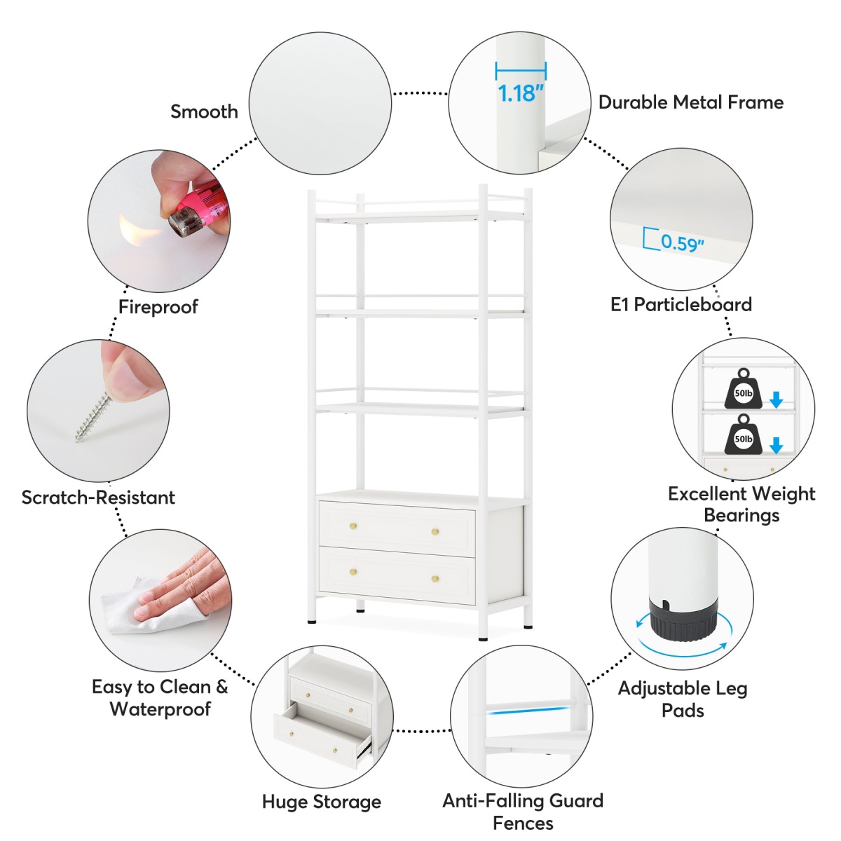 Bookshelf, 4-Tier Tall Bookcase Display Shelf with 2 Drawers - Image 7