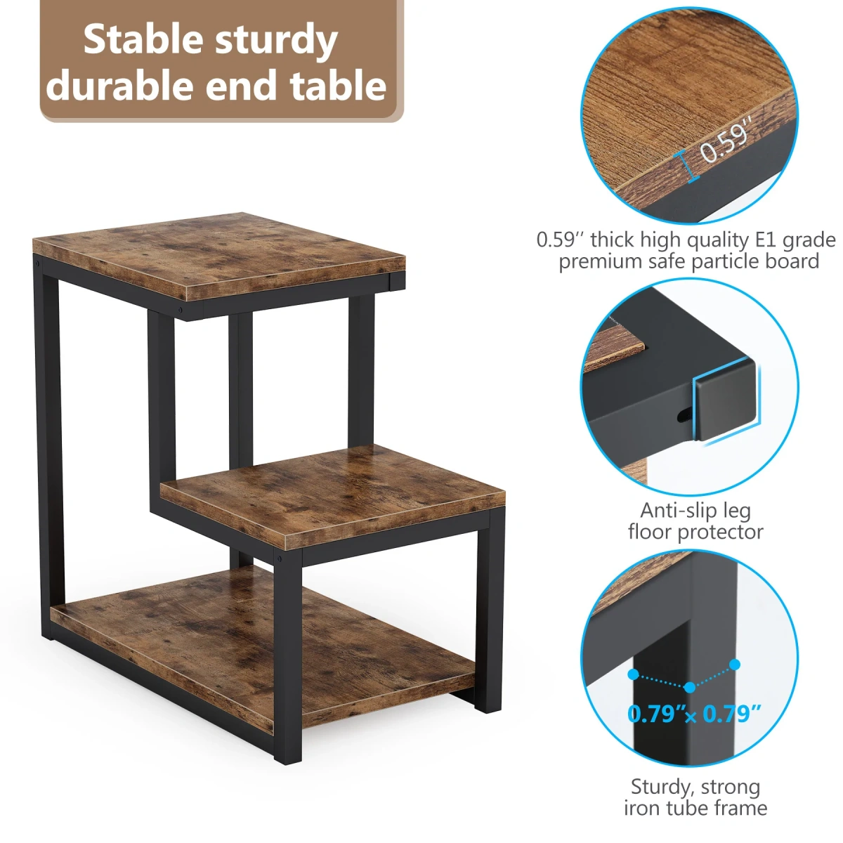 End Table with Storage Shelf, 3-Tier Industrial Ladder-Shaped Nightstand - Image 5