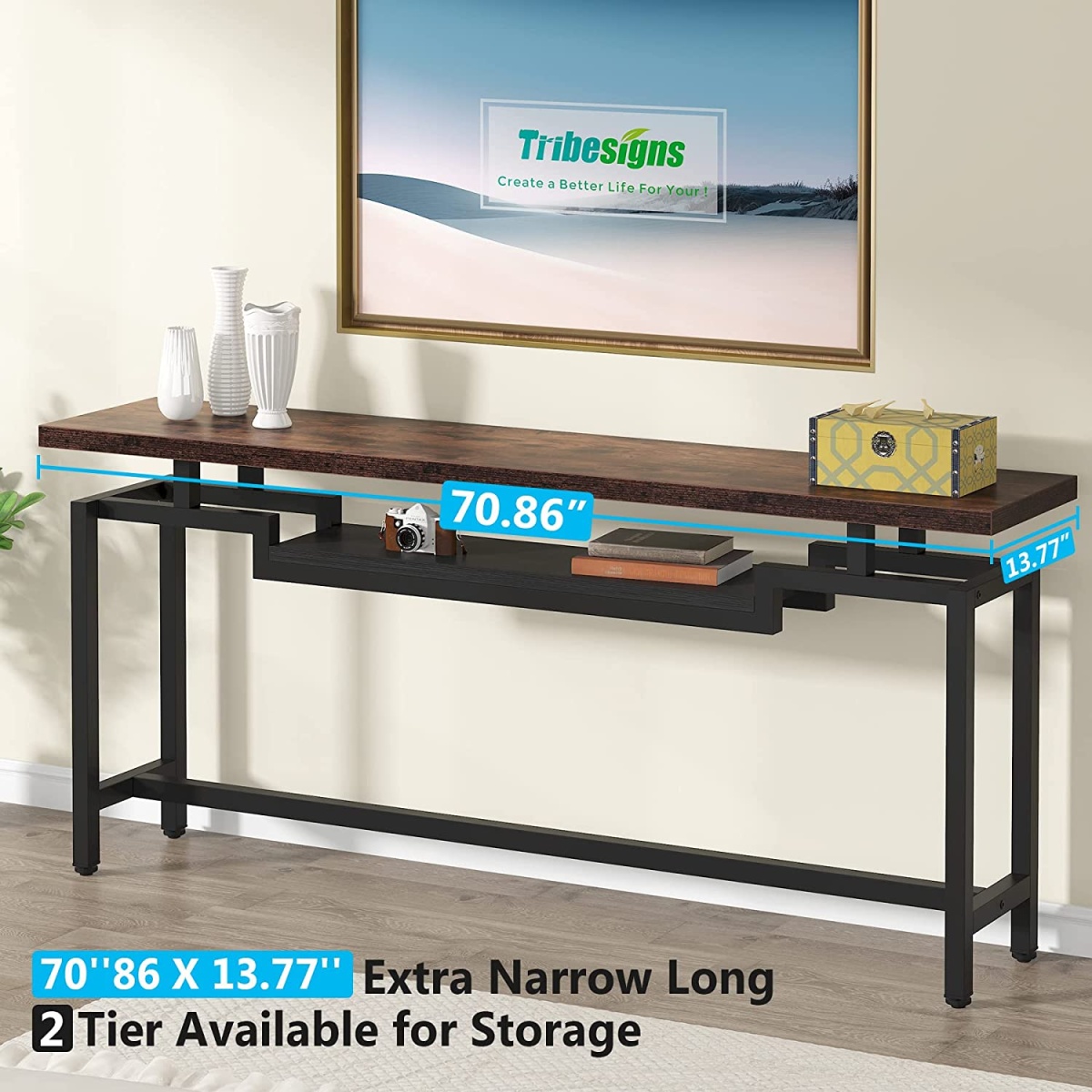 Console Table, 70? Sofa Table with 2 Tier Storage Shelves - Image 6