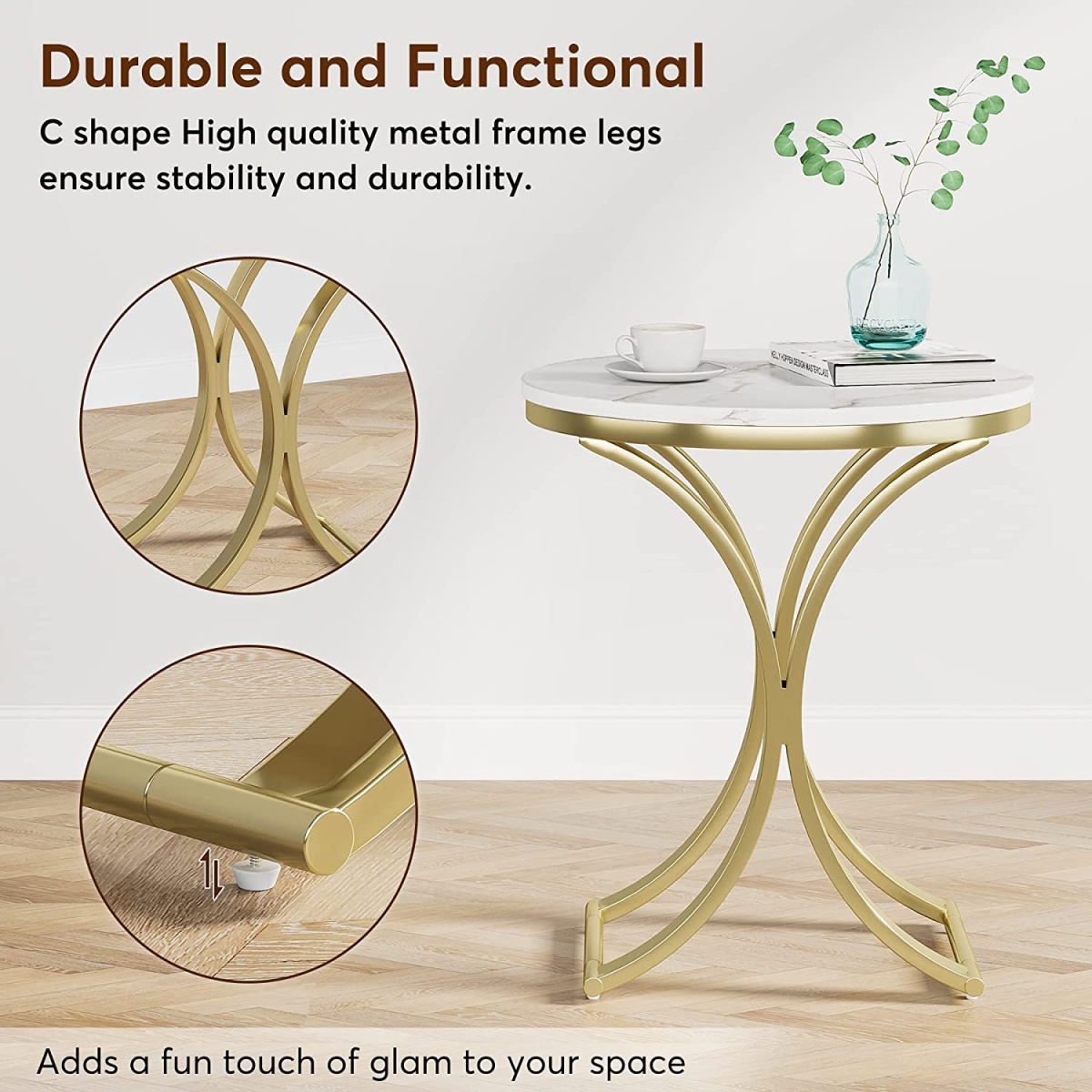 End Table, Round Sofa Side Table Coffee Table with Gold Metal Frame - Image 7