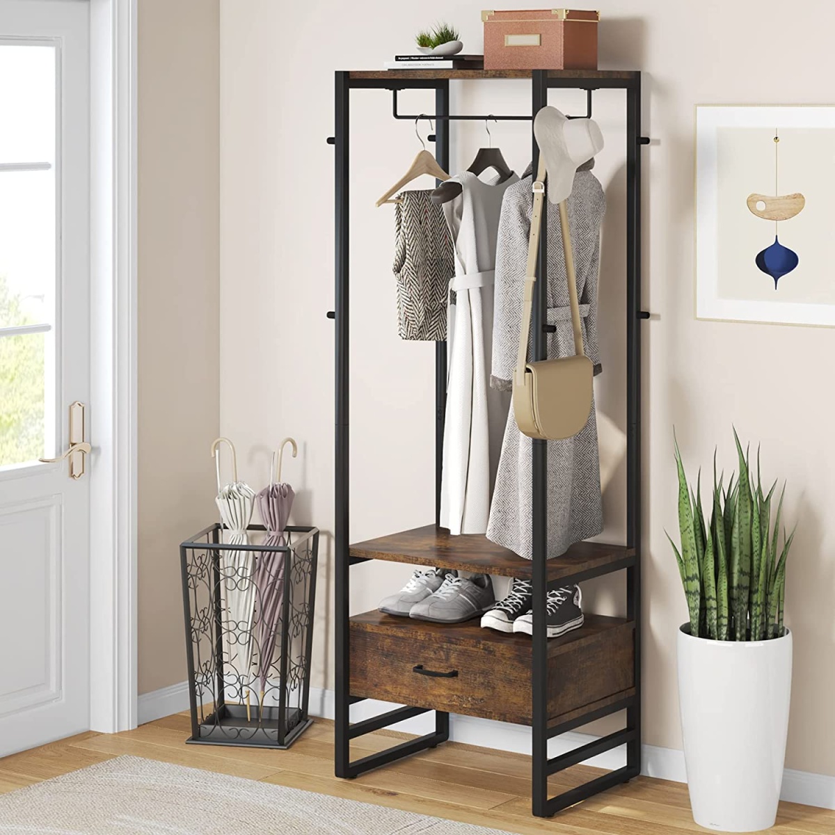 Coat Rack, 70.9? Hall Tree with Big Drawer Freestanding Closet Organizer - Image 2