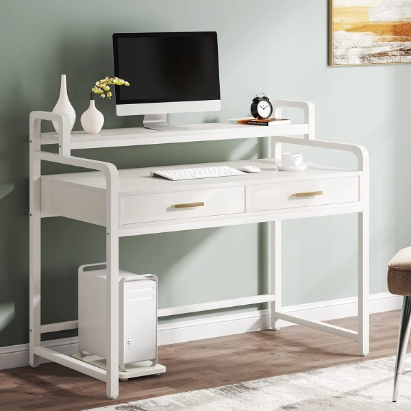 Computer Desk, 47? Writing Desk with 2 Drawers and Monitor Stand Riser