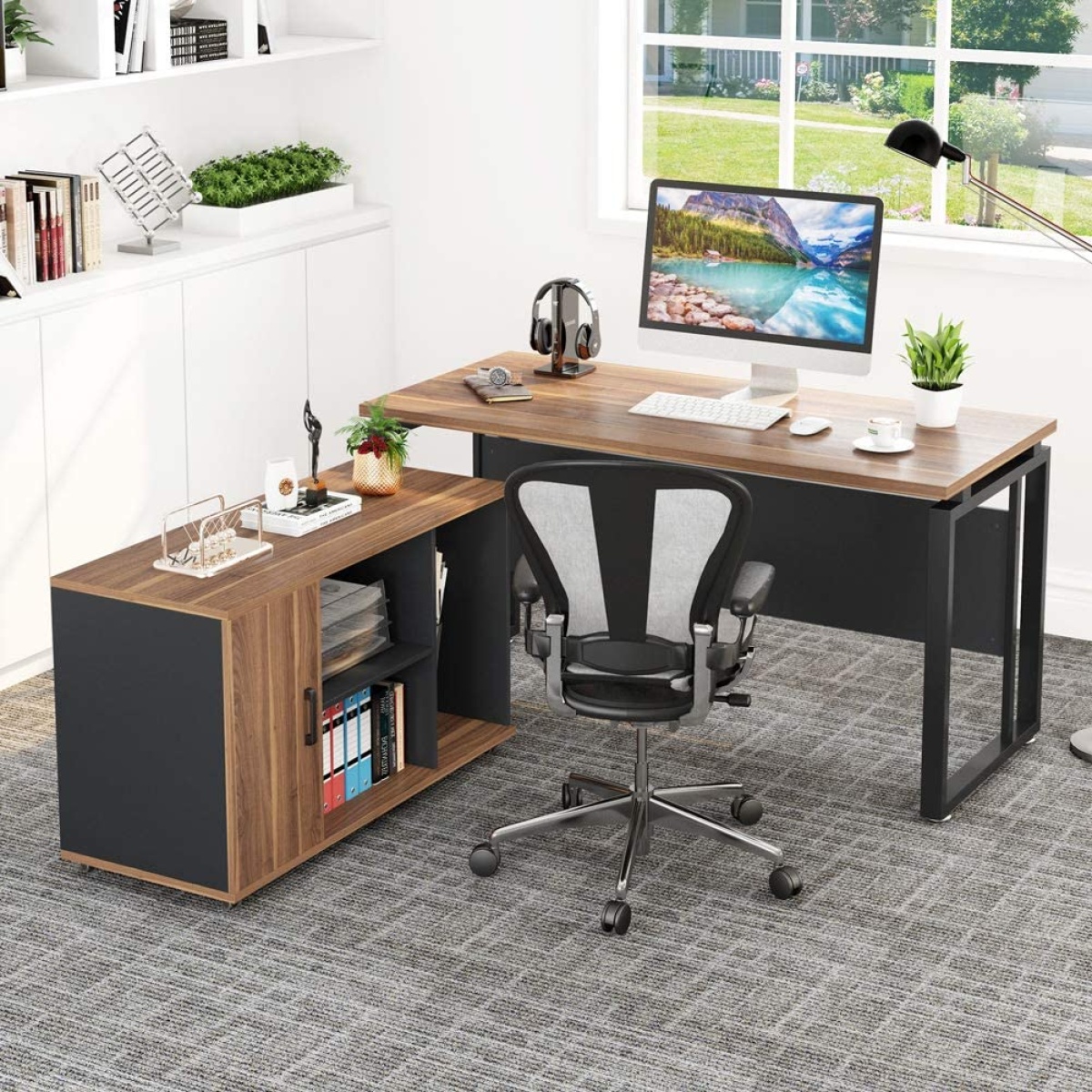 L-Shaped Desk, 55? Executive Desk with 39? File Cabinet - Image 4