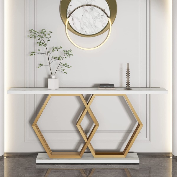 Console Table, 70? Faux Marble Entryway Table with Geometric Metal Base
