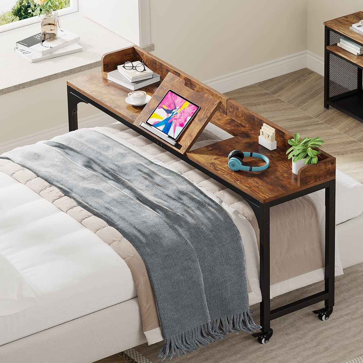 Overbed Table, Mobile Laptop Desk with Adjustable Tilt Board - Image 4