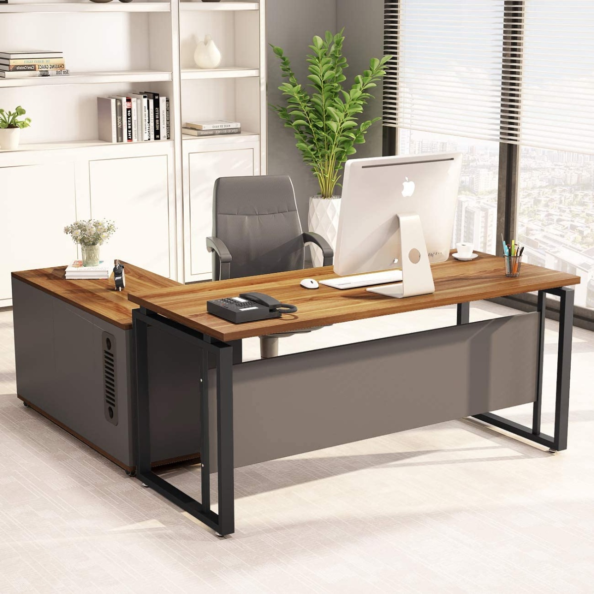 L-Shaped Desk, 55? Executive Desk with 39? File Cabinet - Image 2