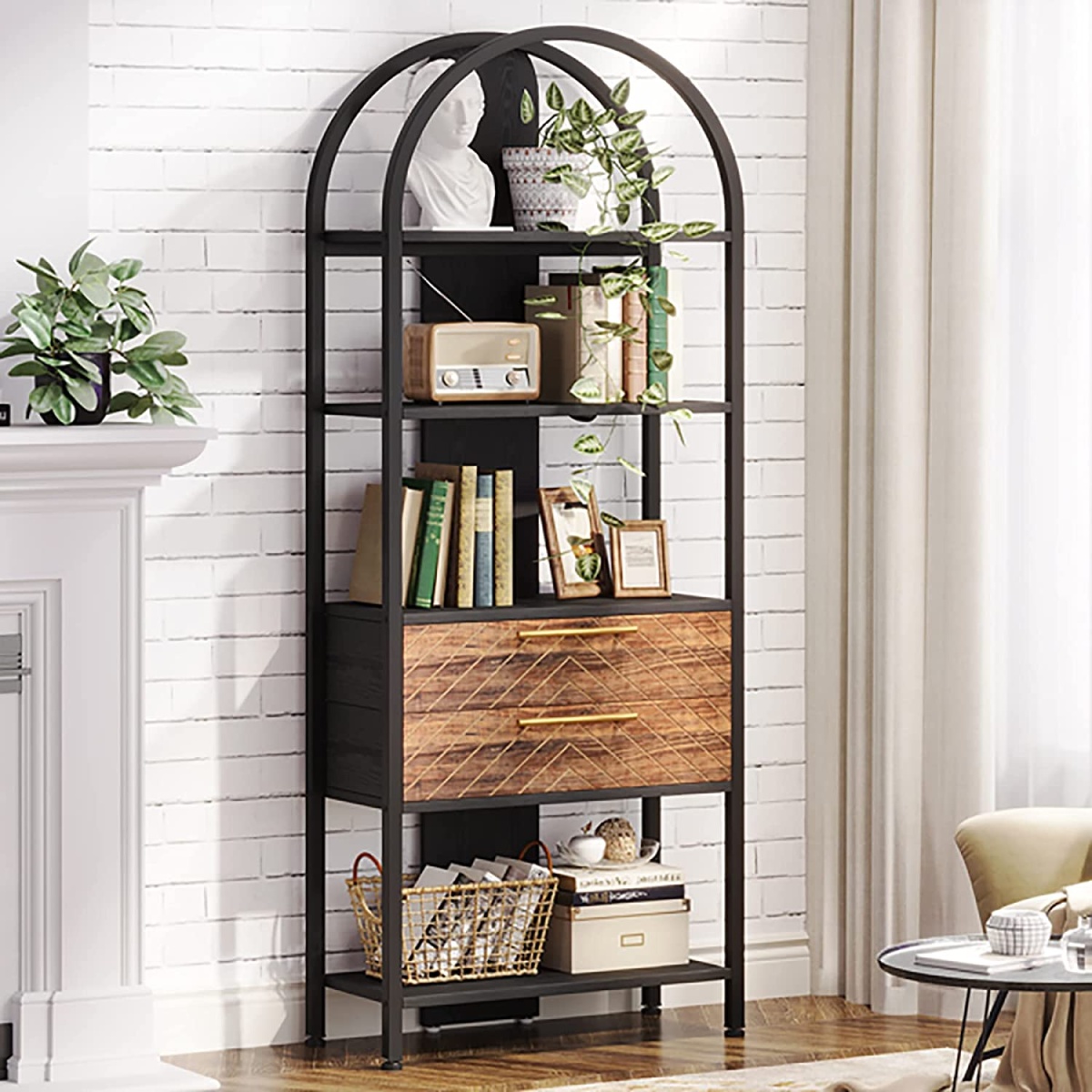 Bookshelf, 4-Tier Industrial Bookcase with 2 Drawers & LED Light - Image 4