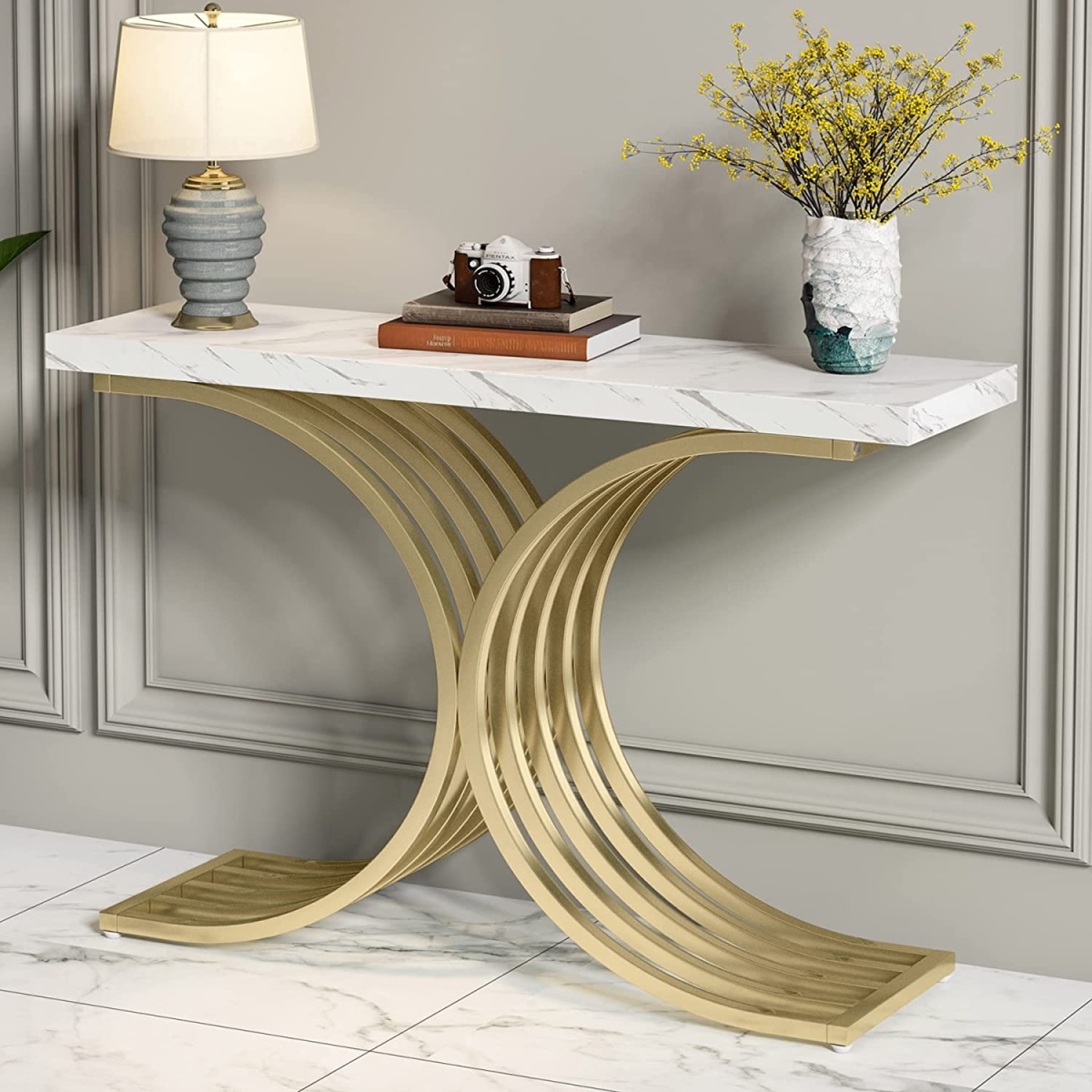 Console Table, Modern Faux Marble Entryway Sofa Table with Metal Base - Image 1