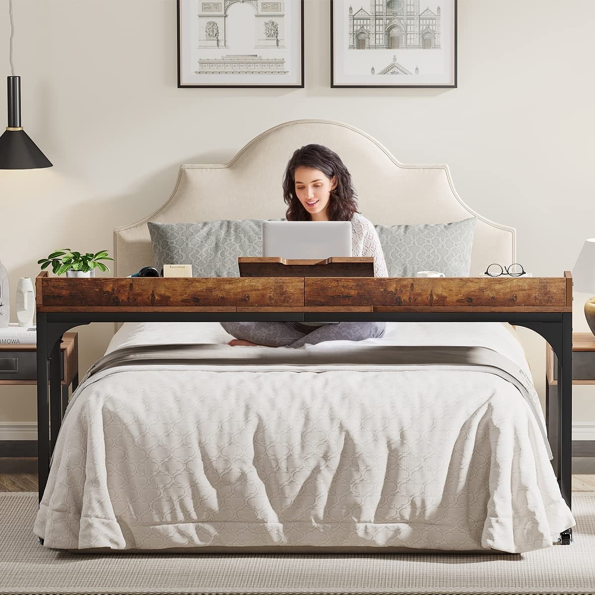 Overbed Table, Mobile Laptop Desk with Adjustable Tilt Board - Image 5