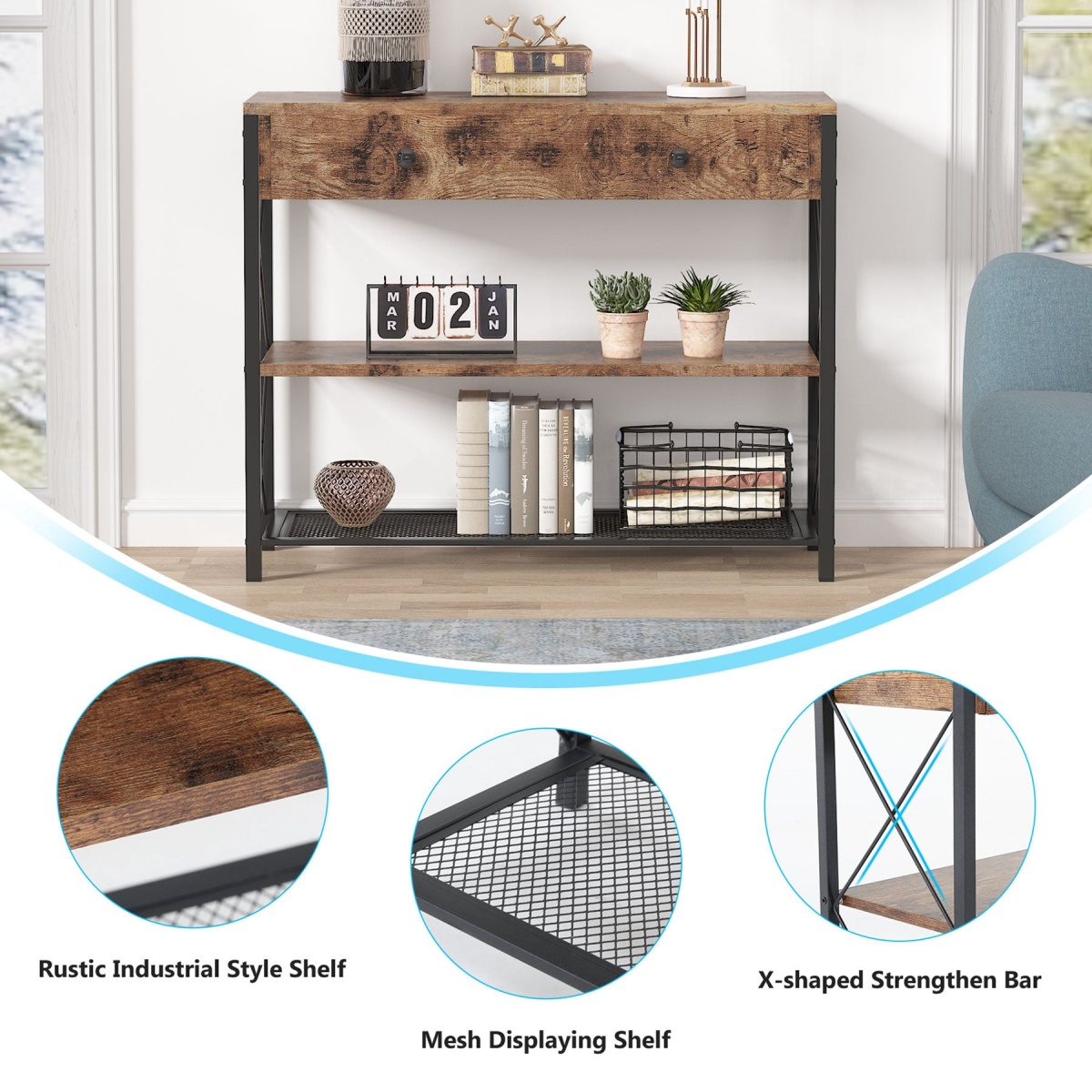 Console Table, Rustic Sofa Side Table With Drawer & 2-Tier Storage Shelves - Image 7