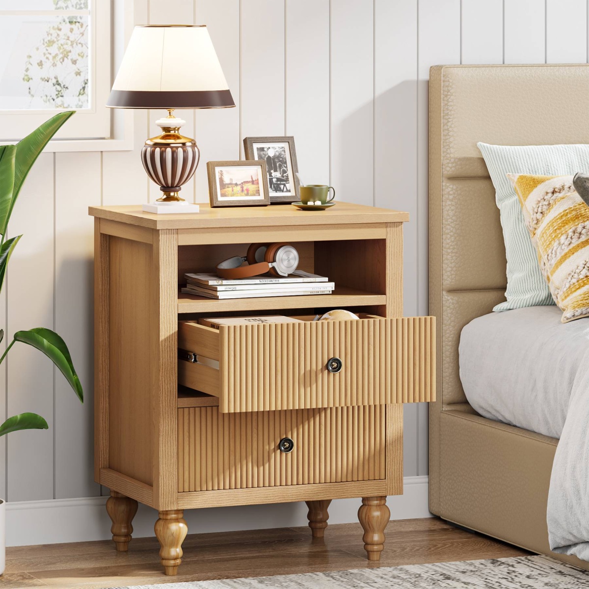 Nightstand, 2 Drawers Sofa Side Table with Open Storage Space - Image 4