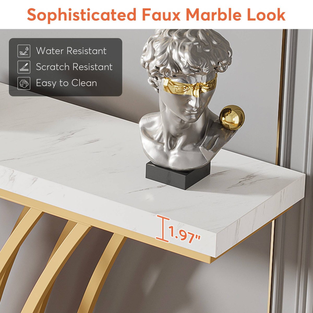 Console Table, 59 ? Faux Marble Entryway Table with Geometric Metal Base - Image 7