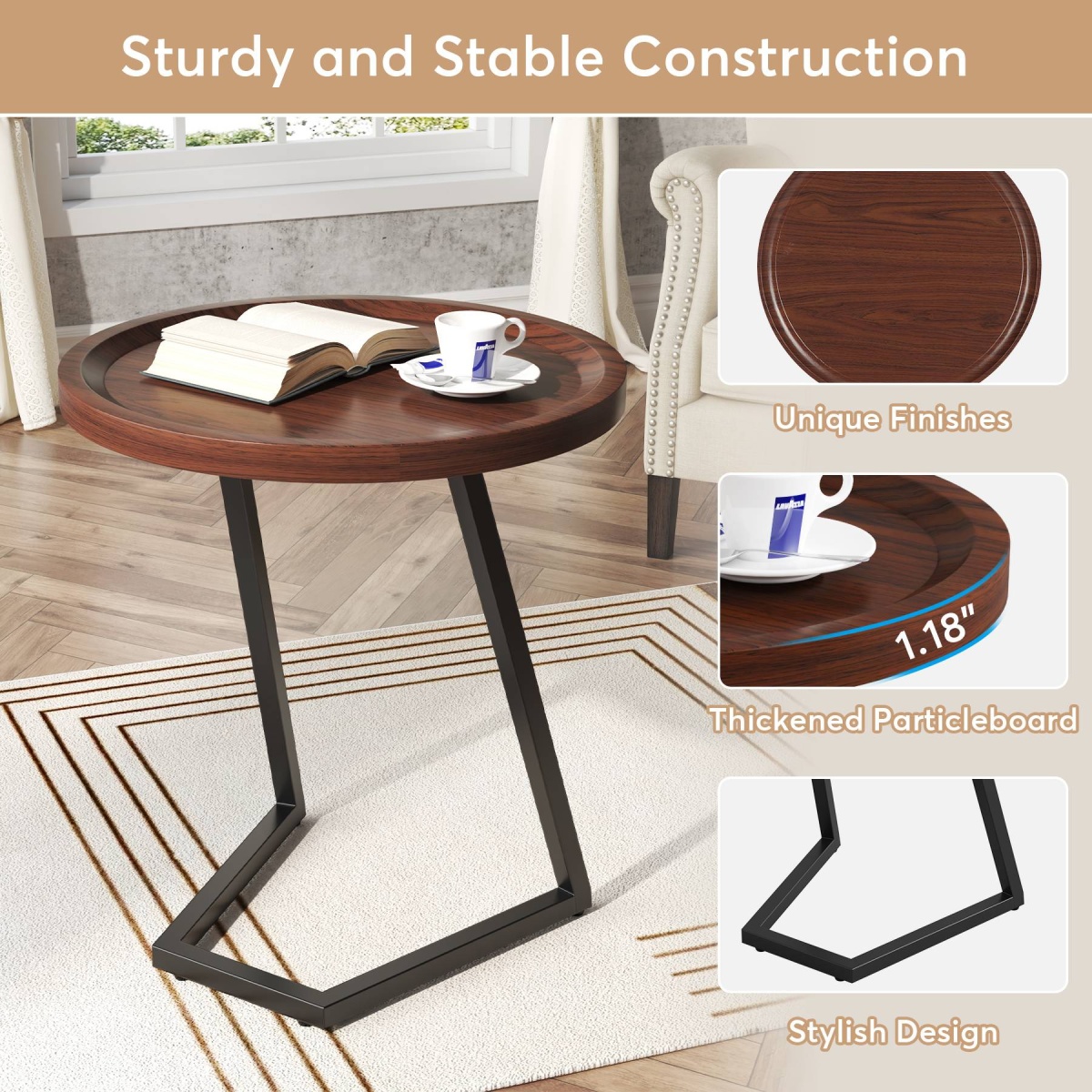 End Table, Round Side Snack Table with L-Shaped Metal Leg - Image 7