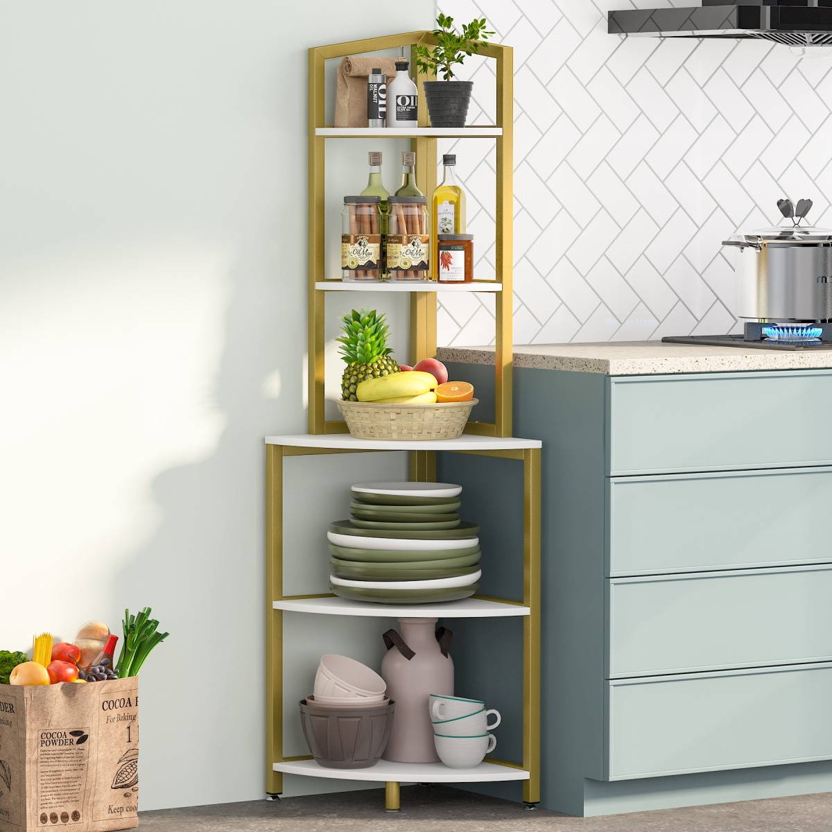 Corner Shelf, 60 Inch Corner Bookshelf Ladder Shelf Plant Stand - Image 12