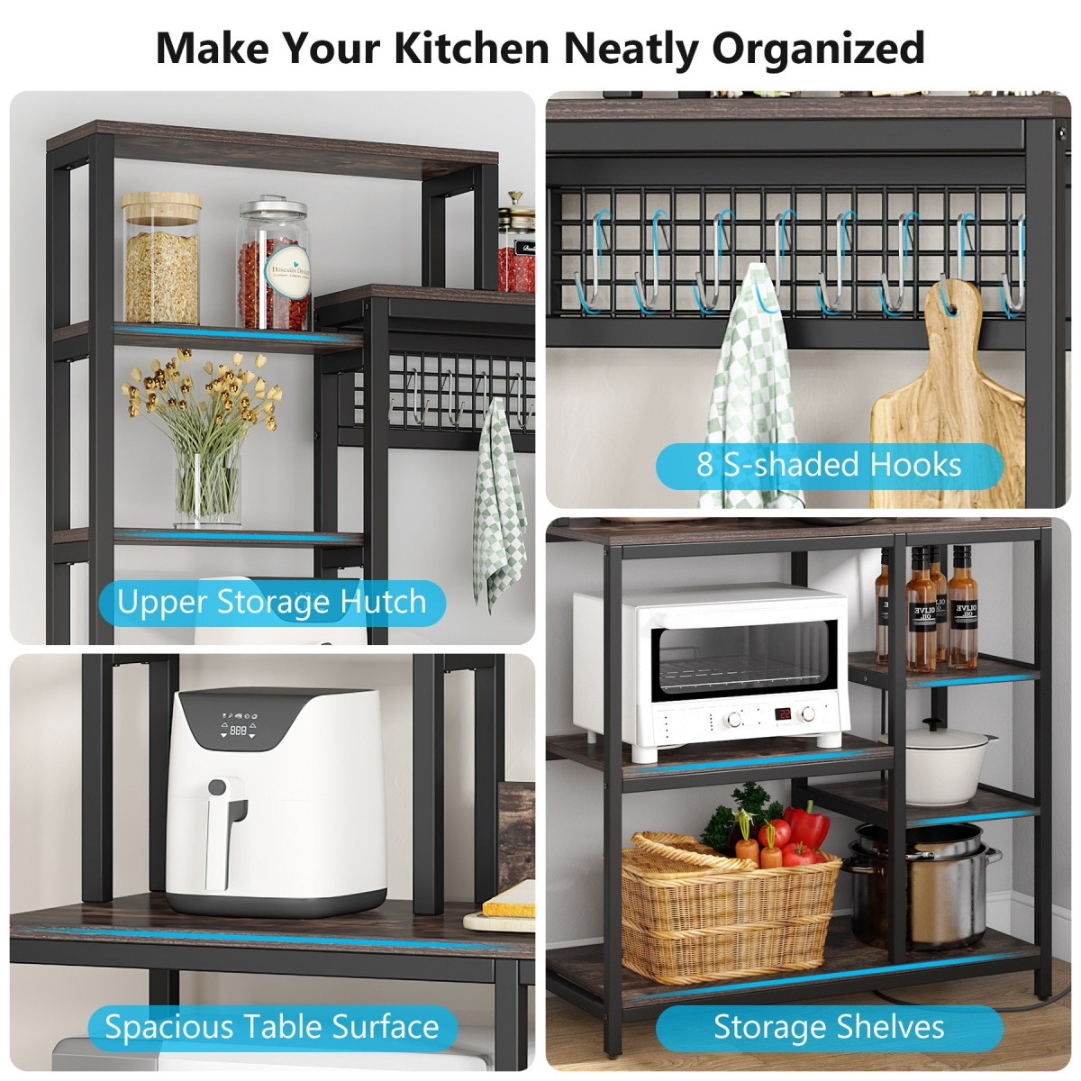 Bakers Rack with Power Outlet, 9-Tier Microwave Stand with Hutch - Image 7