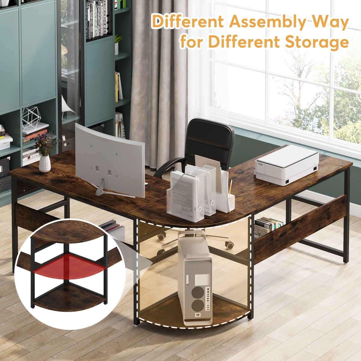 Lift Top L-Shaped Desk, Corner Computer Desk with Storage Shelves - Image 6