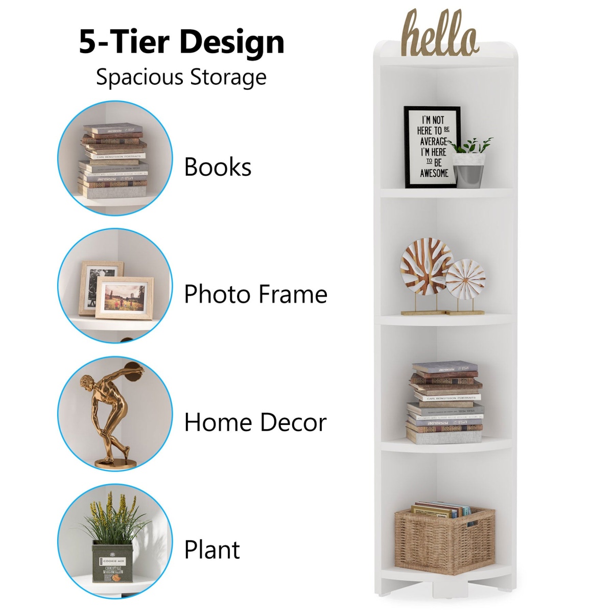 Corner Shelf, 5 Tier Wood Wall Corner Bookshelf Storage Rack - Image 7