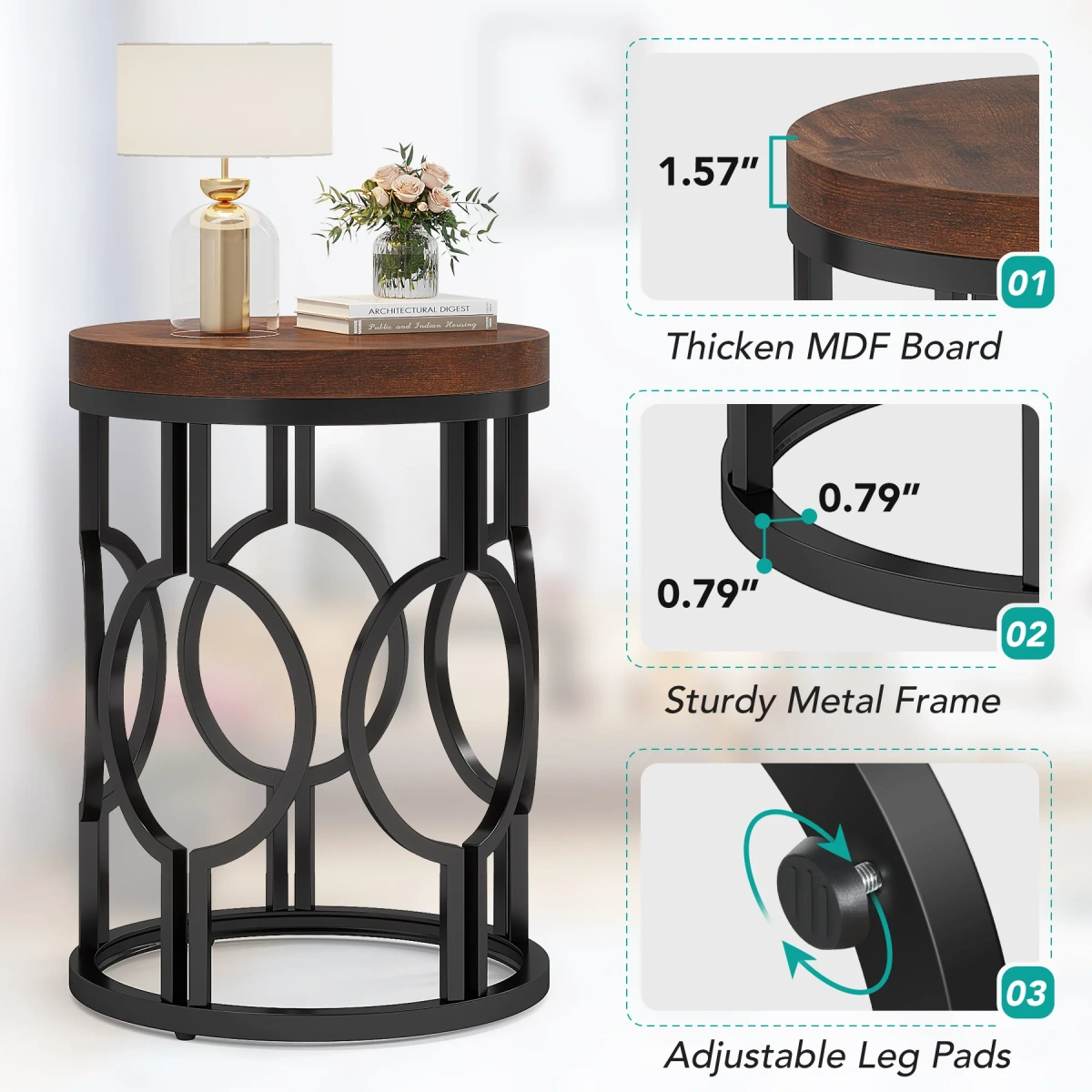 Round End Table, Industrial Side Table with Metal Hollow Frame - Image 9