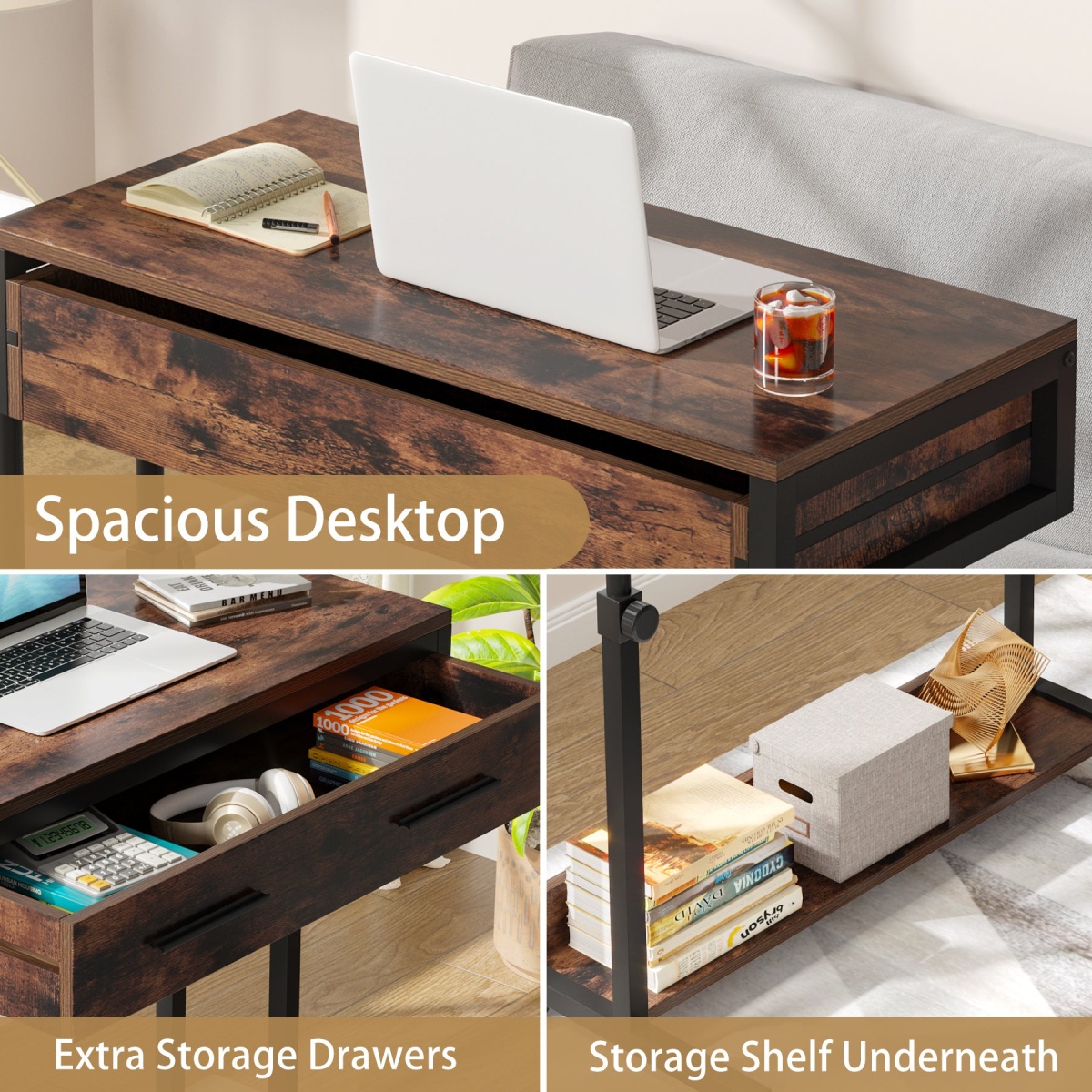 Height Adjustable Desk, Mobile Side Table Portable Desk with Drawers - Image 7