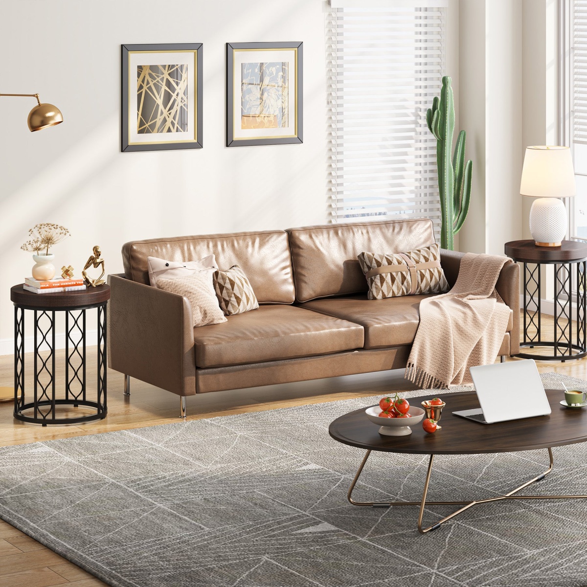 End Table, Round Side Table Nightstand with Metal Frame - Image 9