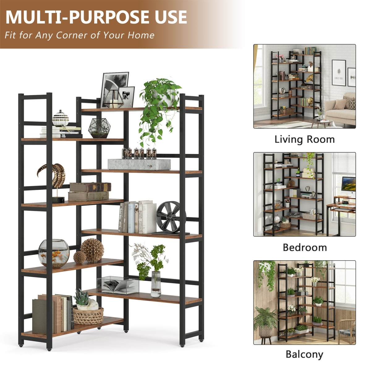 Corner Bookshelf, 8-Tier Industrial 70.8? Bookcase - Image 7
