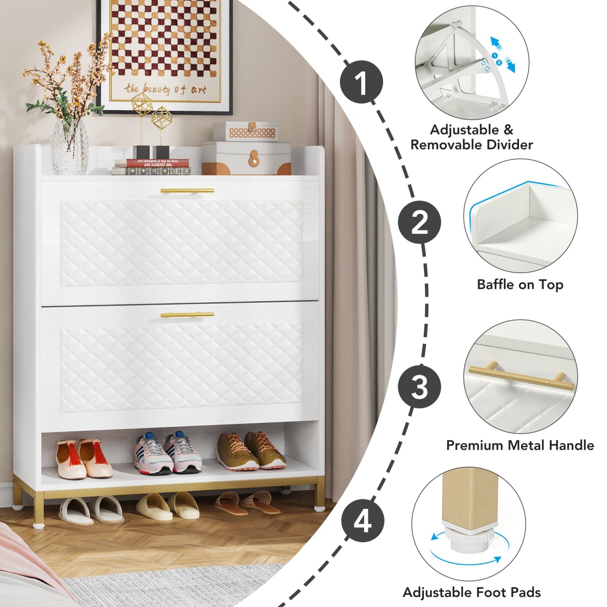 Shoe Cabinet, Freestanding Shoe Organizer with 2 Flip Drawers & Open Shelf - Image 4