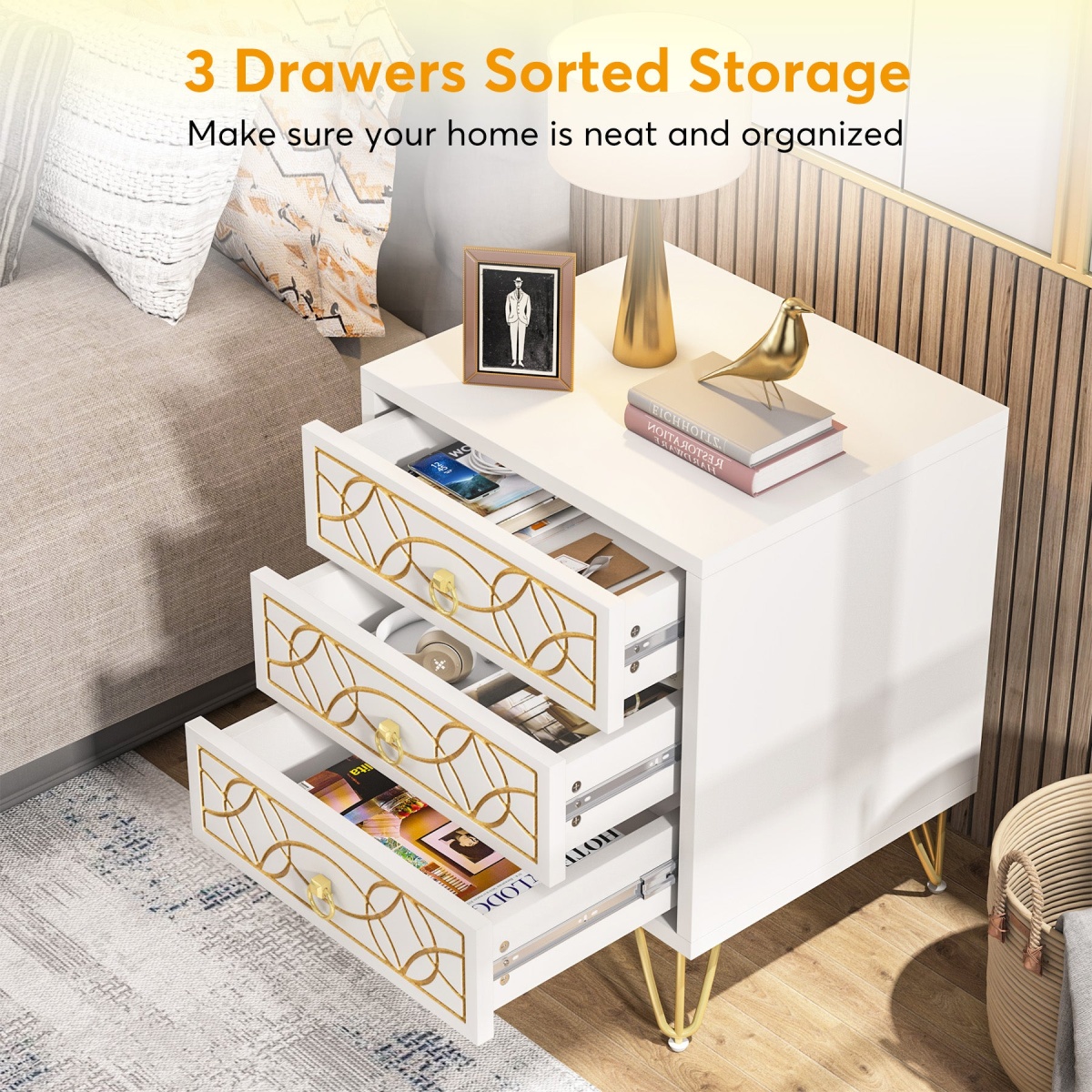 Nightstand, Modern Bedside Table Sofa End Table with 3 Drawers - Image 6
