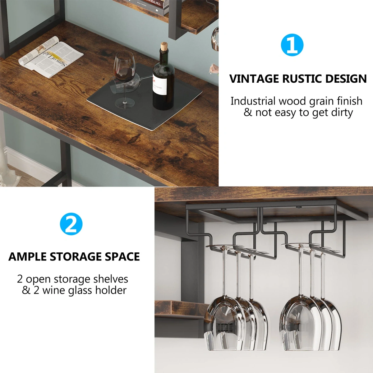 Bar Table Set, Industrial Pub Table with 2 Bar Stools & with Glass Holder - Image 7