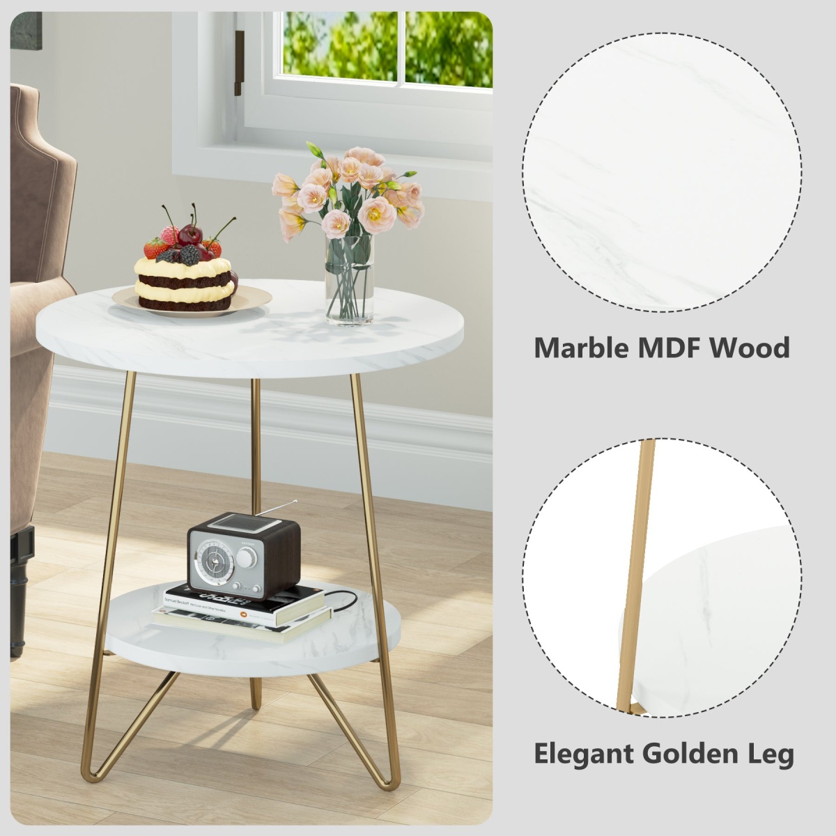 End Table, 2 Tier Round Sofa Bedside Table with Shelves - Image 7