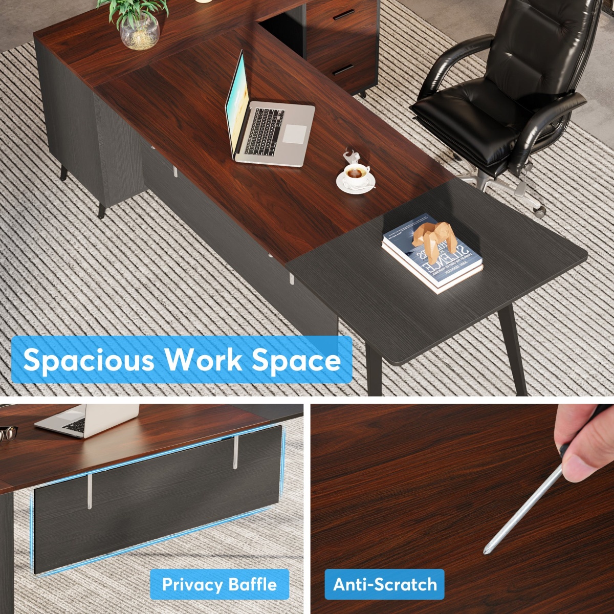 Executive Desk, 87? L-Shaped Computer Desk with 51? File Cabinet - Image 6