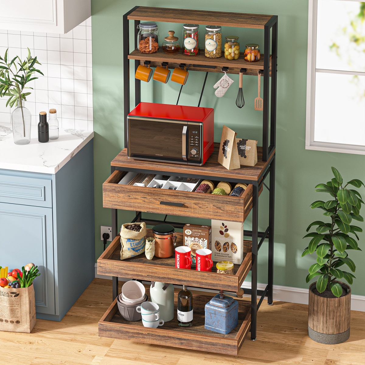 5-Tier Kitchen Baker?s Rack with Power Outlets, Drawer & Sliding Shelves - Image 5