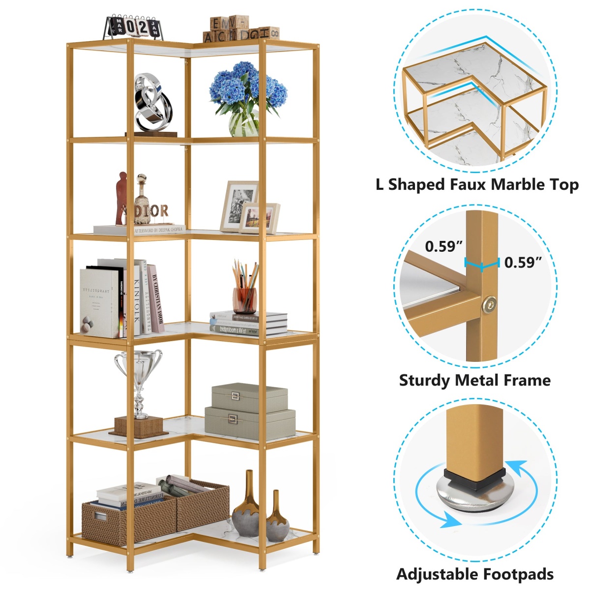 Corner Bookshelf, 70.5? L-Shaped 6-Shelf Etagere Bookcase - Image 7