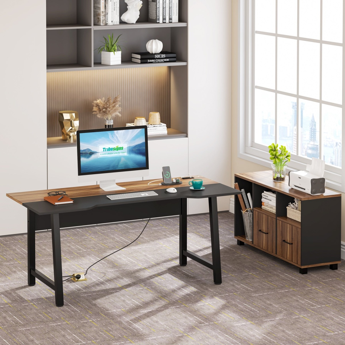 L-Shaped Desk, 70.9? Computer Desk with Power Outlet and File Cabinet - Image 2