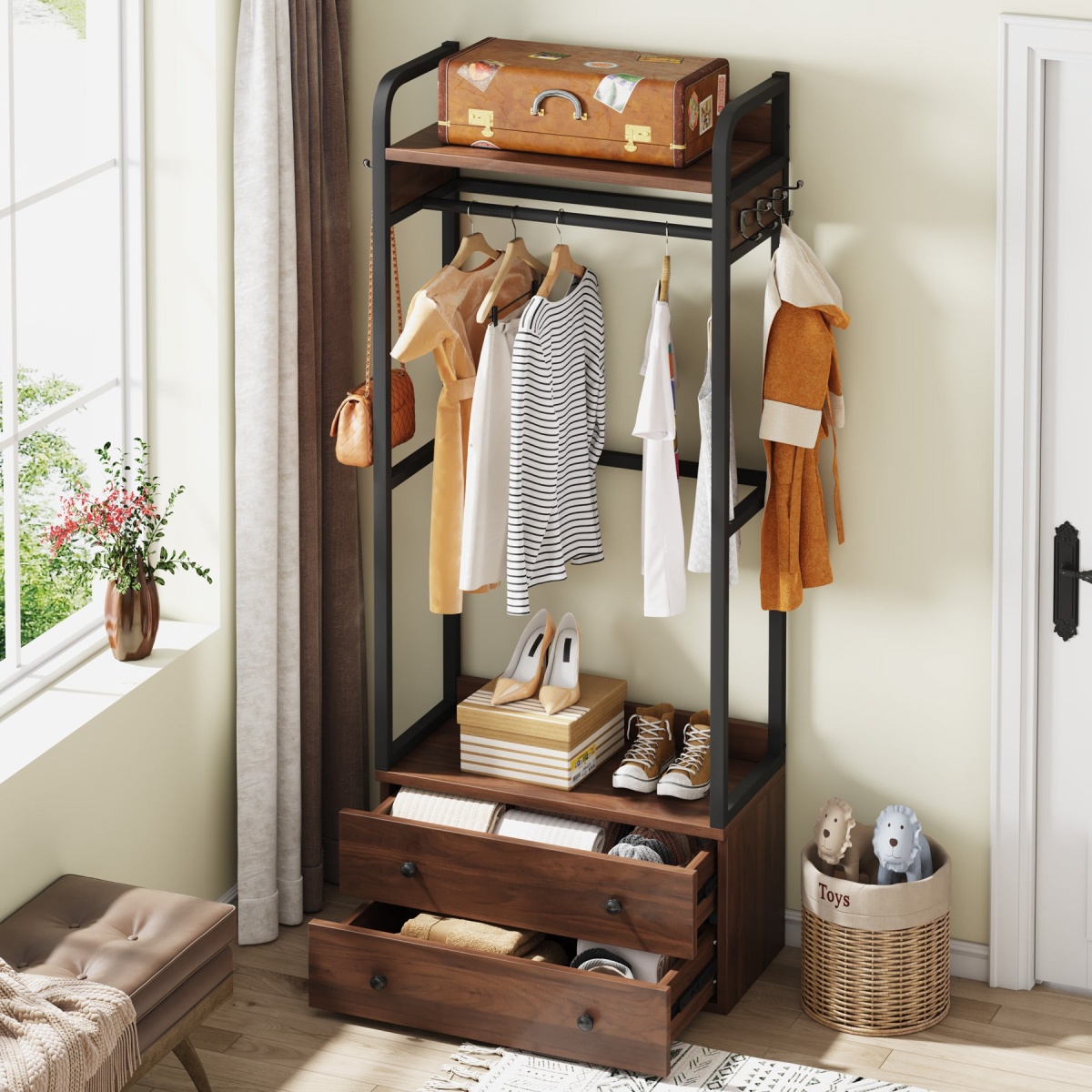 Freestanding Closet Organizer, Coat Rack with Drawers and Shelves - Image 5
