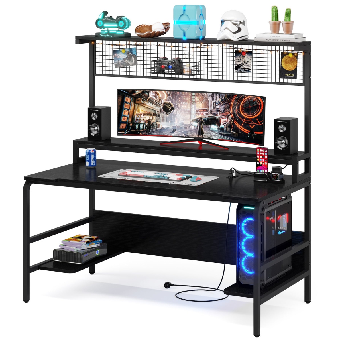 Gaming Desk with 2-Outlet & 2 USB Ports, Computer Desk with Monitor Stand - Image 1