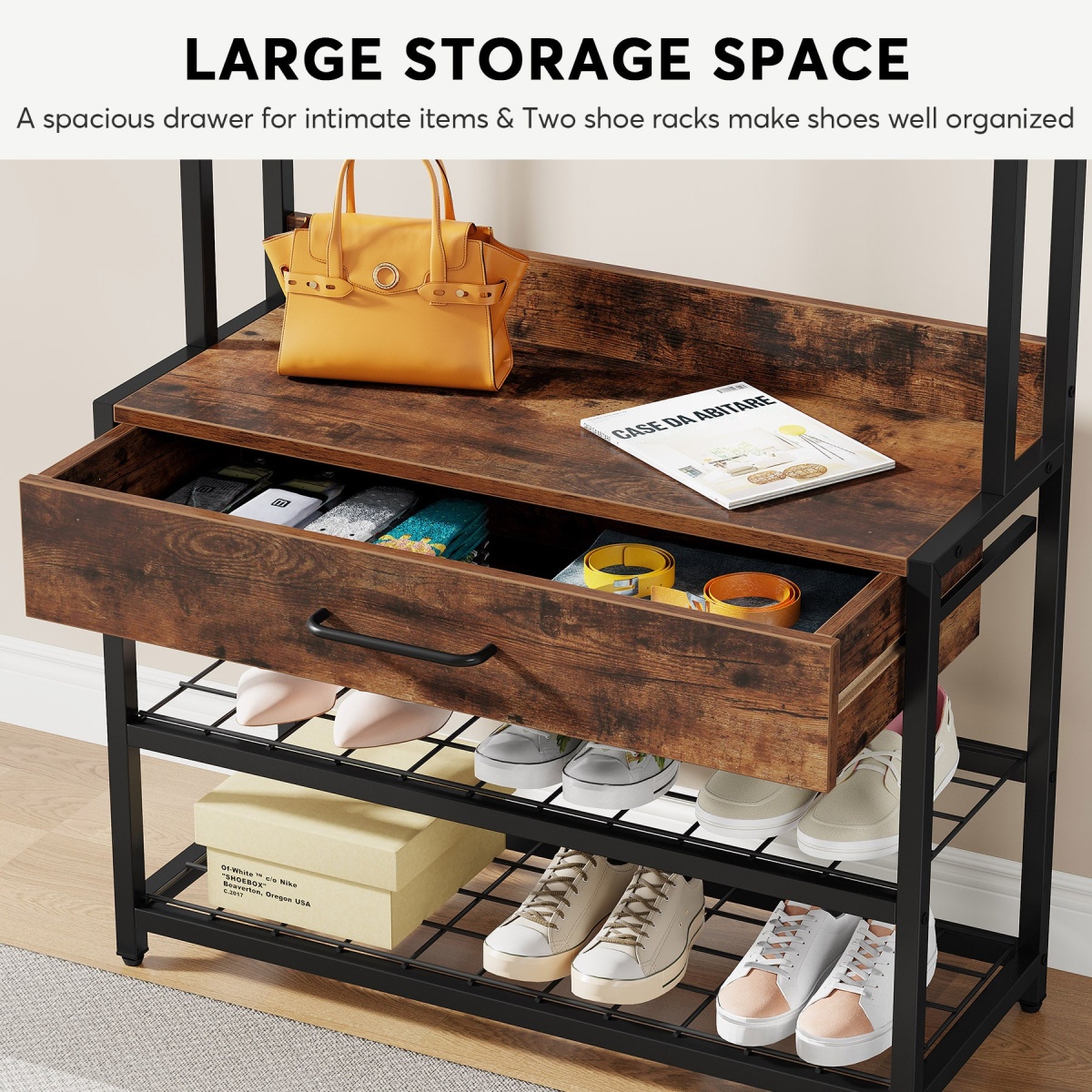 Coat Rack Shoe Bench, Entryway Hall Tree with Drawer & Hooks - Image 6