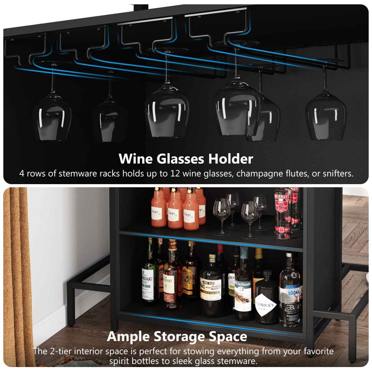 Home Bar Unit, Industrial 3-Tier Liquor Bar Table with Glasses Holder - Image 8