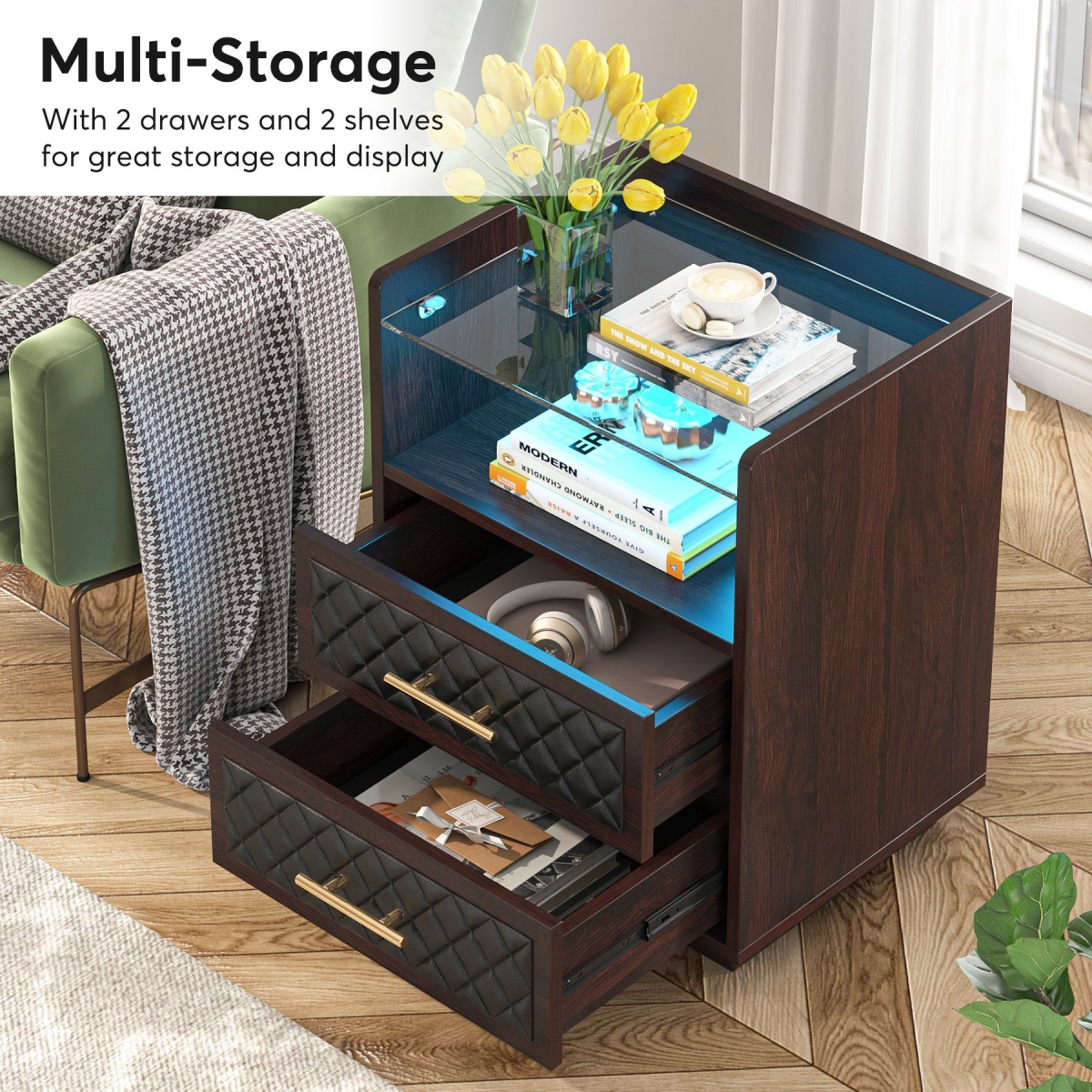 Nightstand, 2 Drawers Beside Table with LED Lights and Shelves - Image 7