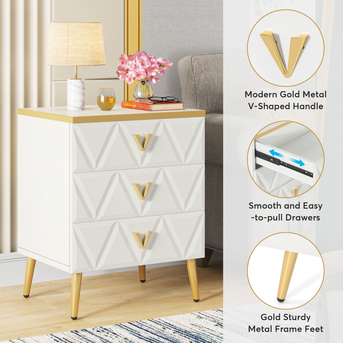 Nightstand, Modern Wooden Bedside Table with Three Drawers - Image 7
