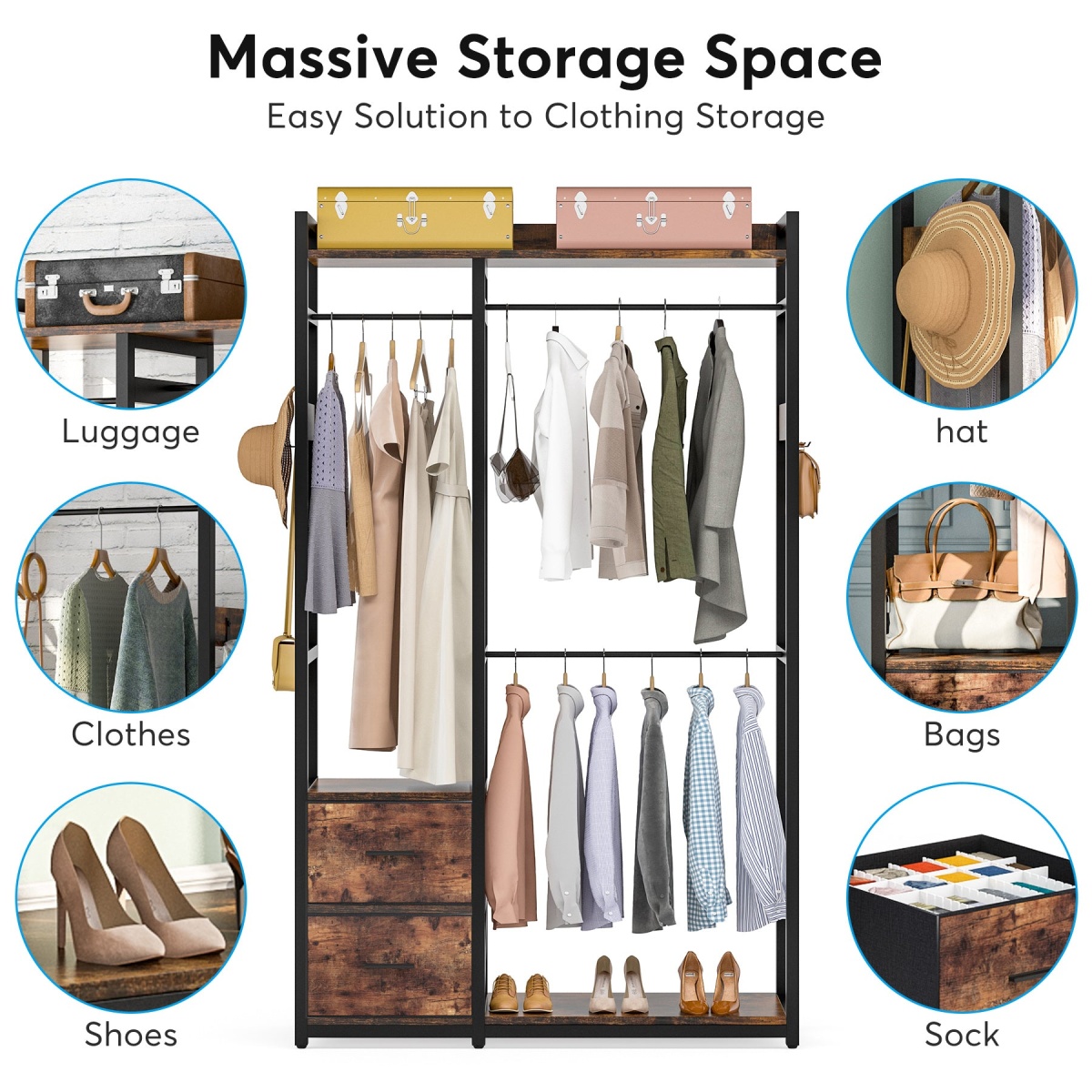 Freestanding Closet Organizer, 2 Fabric Drawers Garment Clothes Rack - Image 6