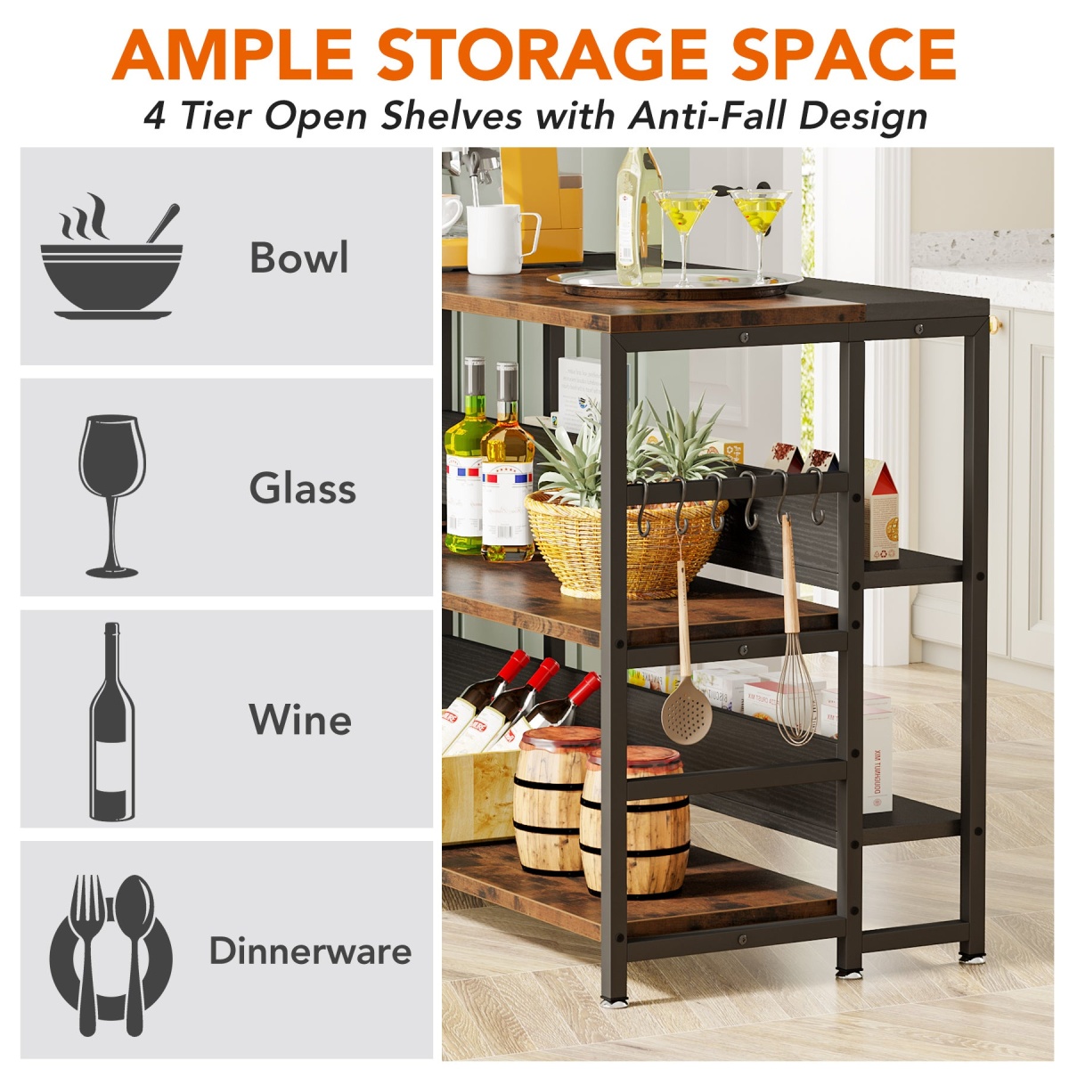 Kitchen Island, Industrial Baker?s Rack Table with 5 Storage Shelves - Image 7