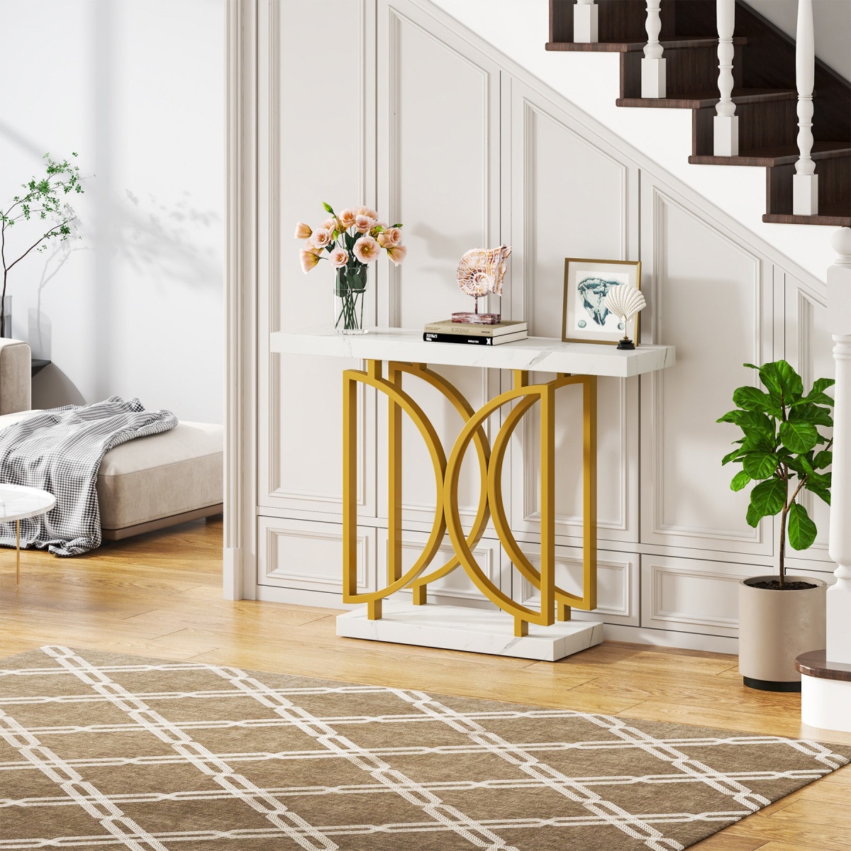 Console Table, Faux Marble Sofa Table with Double D-Shaped Metal Base - Image 5