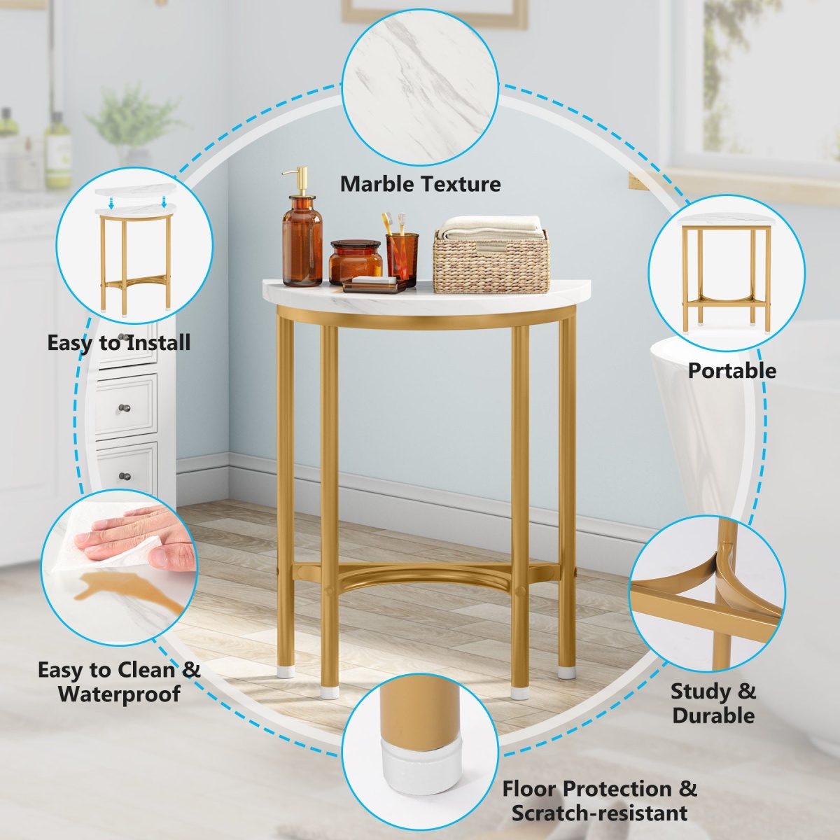 End Table, 20? Half Round Faux Marble Side Table - Image 7