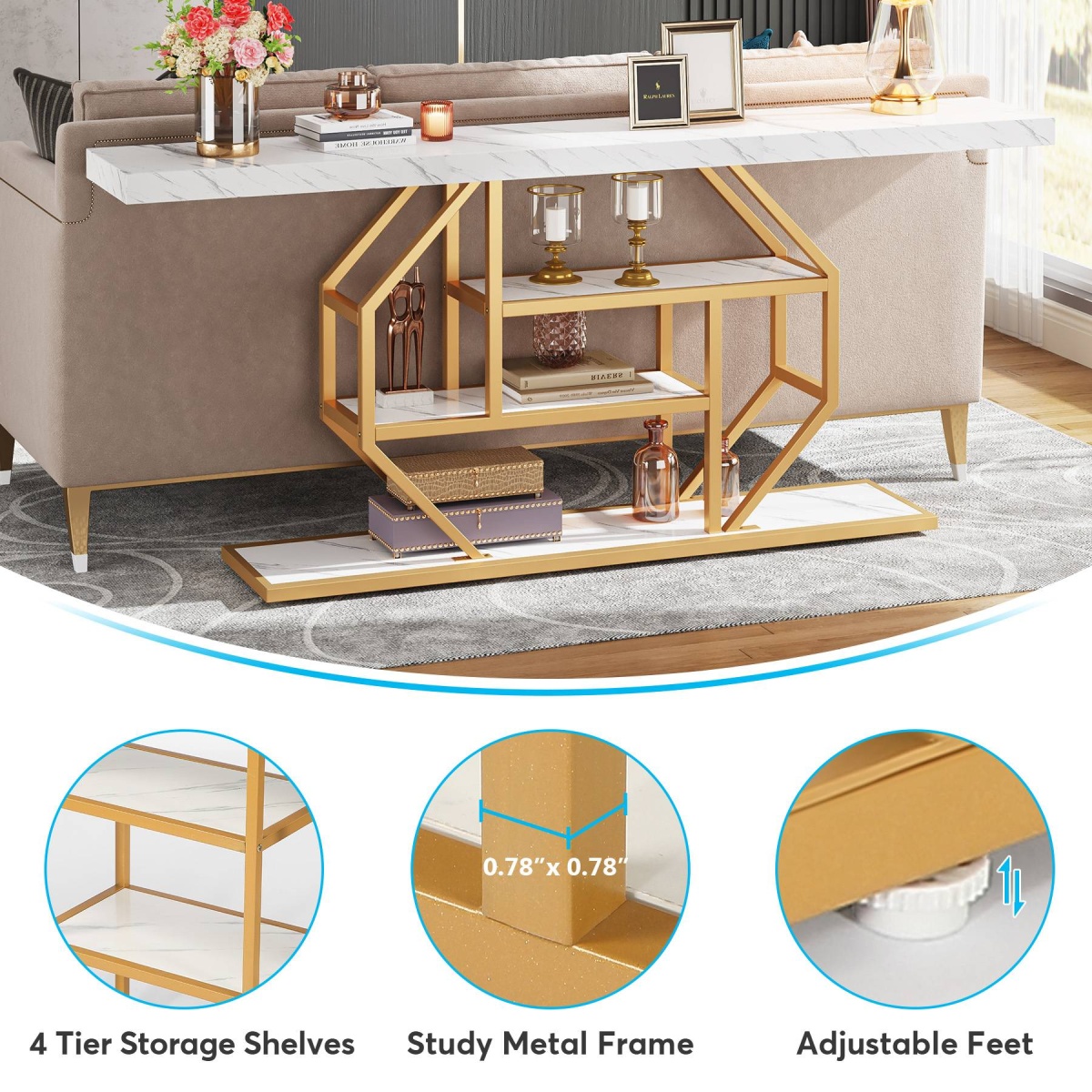 Console Table, 70.9 inch Sofa Table with 4 Tier Storage Shelves - Image 8