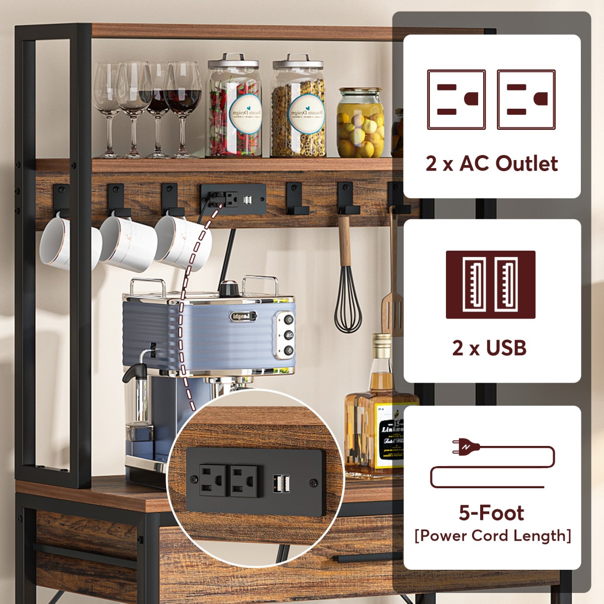 5-Tier Kitchen Baker?s Rack with Power Outlets, Drawer & Sliding Shelves - Image 7